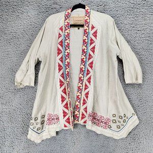 James Bryan Jacket Womens Large Tan Linen Aztec Embroidered Drape Cardigan